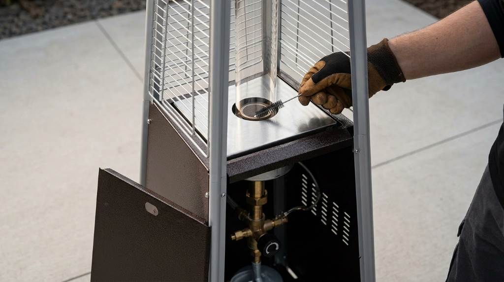 Inspecting pilot assembly and thermocouple on Pamapic 48000 BTU patio heater