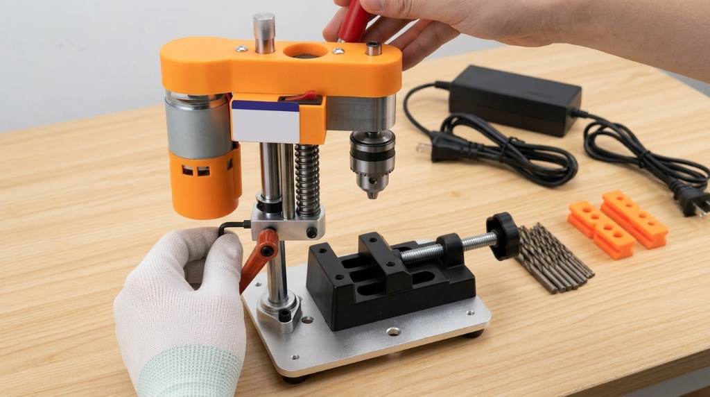 Novellife B10 mini drill press workbench setup with adjustable power supply
