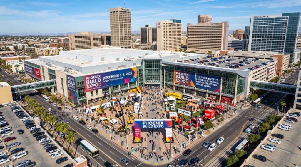 Aerial view of Phoenix Convention Center decorated for the Phoenix Build Expo 2026 trade show in December