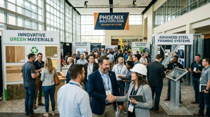 Construction professionals networking and exploring building product exhibits at Phoenix Build Expo 2026
