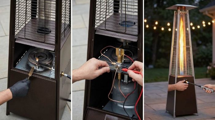 Resetting propane regulator excess flow valve on outdoor patio heater