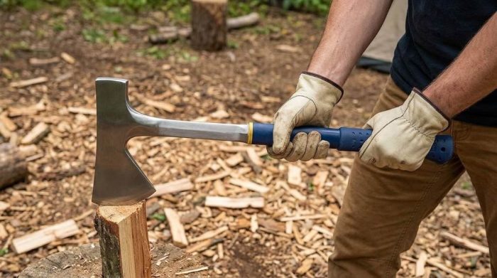 Sharpening Estwing campers axe cutting bevel with dual-grit puck