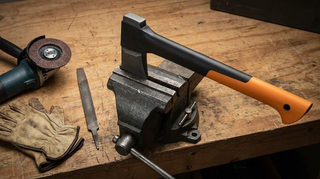 Sharpening the carbon steel blade of a Fiskars X27 splitting axe using a rotary ceramic sharpener