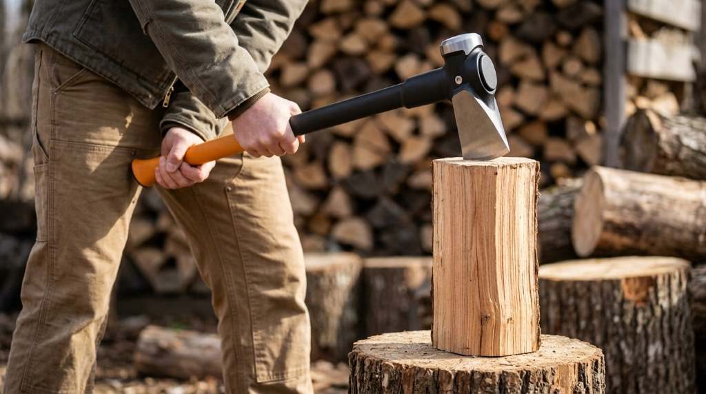 Splitting a large hardwood log on a stump using an eight pound Fiskars Pro IsoCore splitting maul