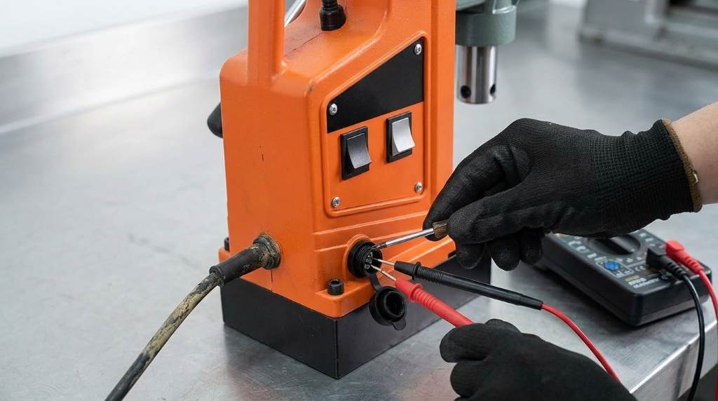 Technician inspecting carbon brushes on Vevor 1550W mag drill press