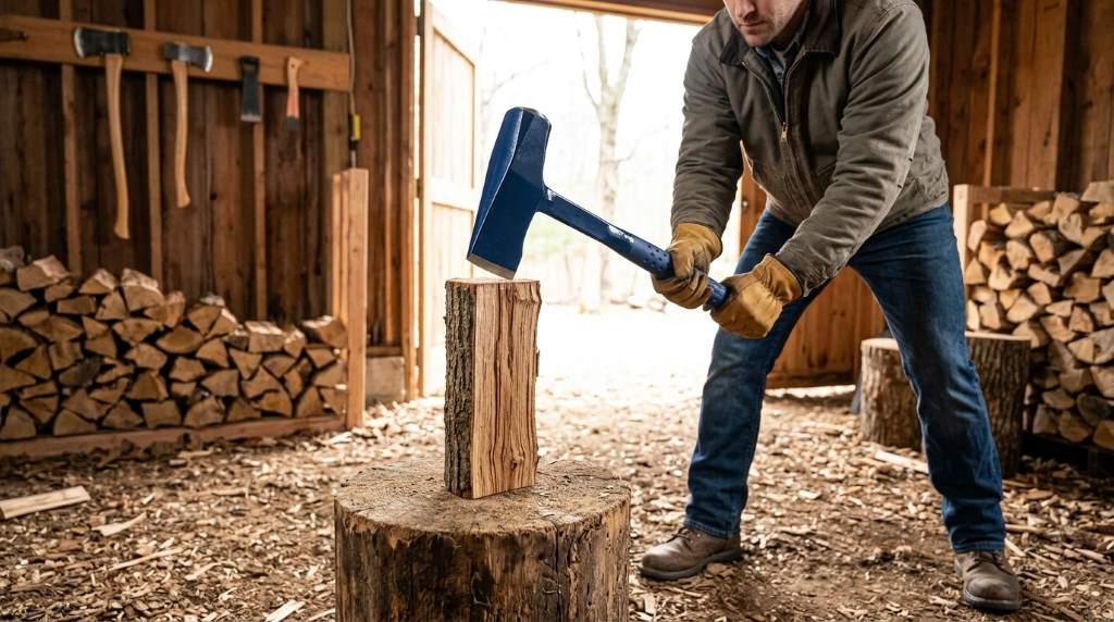 Two handed grip technique on an Estwing Fireside Friend maul splitting a campfire log