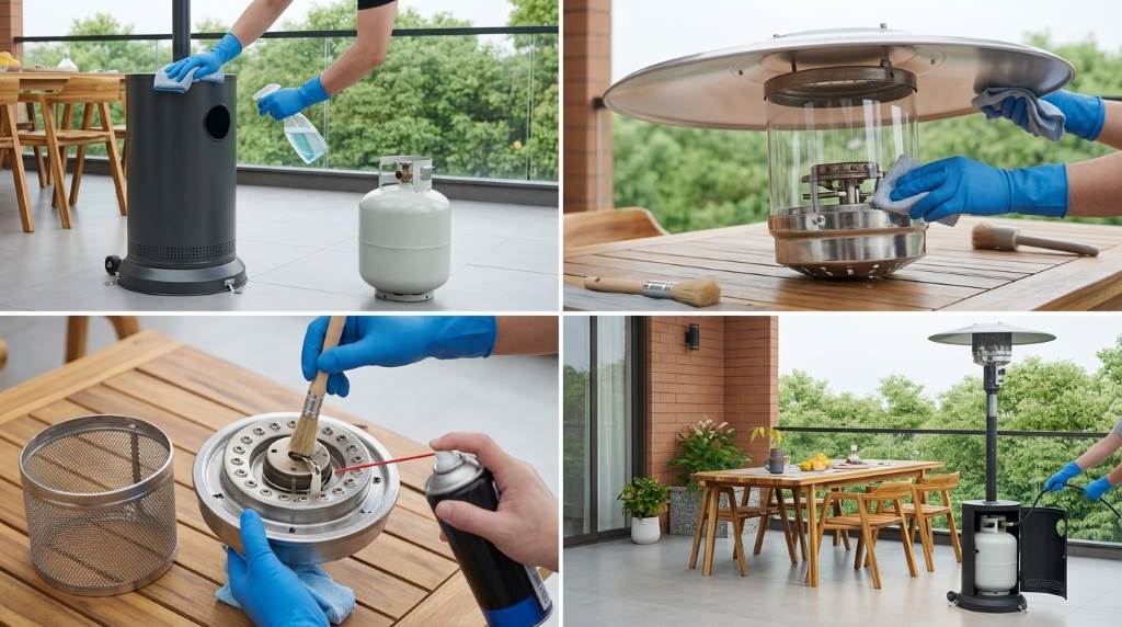 Wiping resin wicker surface on East Oak round table patio heater