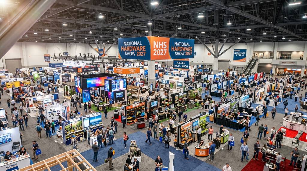 Aerial view of the National Hardware Show 2027 exhibit hall at the Las Vegas Convention Center